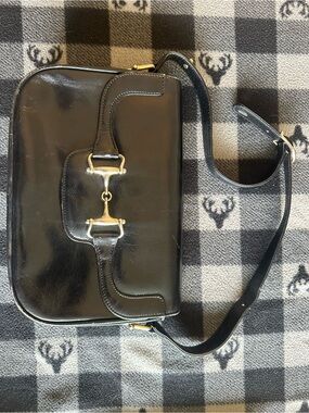 Black Leather Shoulder Bag with Gold Hardware